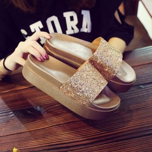 New korean version bling med heel beach slides women soft bottom platform sandals lady slippers summer flipflops muffins sandals