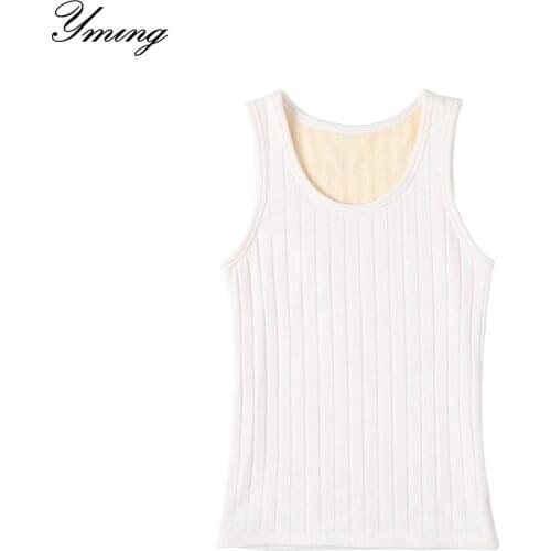 YMING Ladies Winter Double-layer Soft Plus Velvet Tank Cotton Thicken Warm Top Sleeveless Bottoming Shirt Solid Small Vest