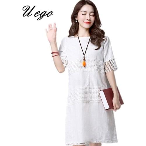 Uego 2021 New Fashion Lace Cotton Thin Light Soft Summer Dress Hollow Out Patchwork Ladies White Dress Women Casual Midi Dress