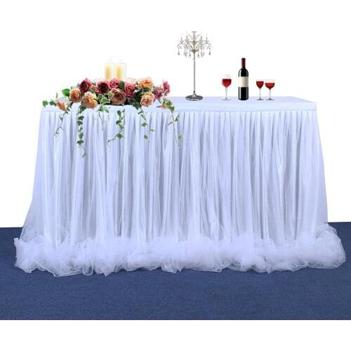 6ft/9ft/14ft Thread Ribbon Tulle Table Skirt For Party Wedding Decoration White Pink Blue 3 Colors To Choose