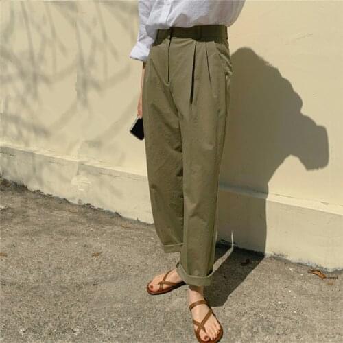 2021 New Women Autumn Cotton Long Harem Pants Navy Green Elastic High Waist Basics Trousers