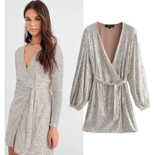 2020 Spring Summer New Sexy Dress Casual Temperament Elegant Sequin Straps Long Leeved Mid Length Dress High Quality Women