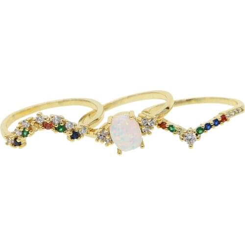 2019 Gold Color fashion jewelry ring set pave rainbow cz white Opal stone fashion women girl full finger rend Wedding Rings gift
