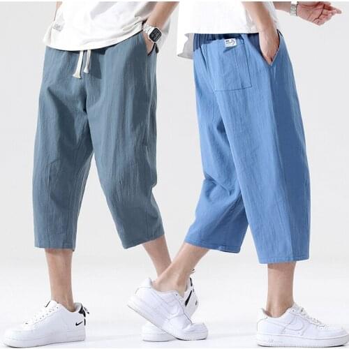 Summer Breeches Casual Pants Mens Wild Cotton and Linen Loose Linen Pants Korean Style Trend Nine-point Straight Trousers 5XL