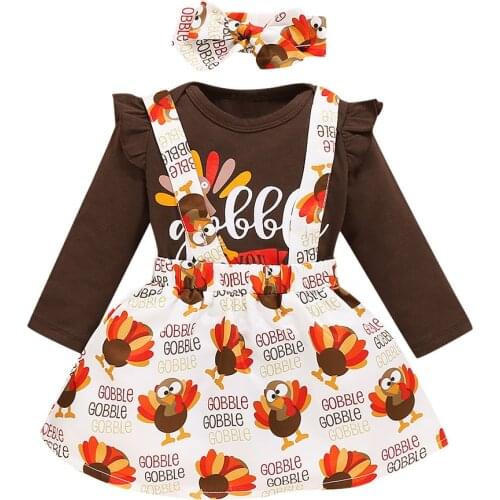 Newborn Infant Baby Girls Thanksgiving Outfits Letter Print Romper+Cartoon Suspender Skirts+Headbands Clothes 6 9 12 18 Months