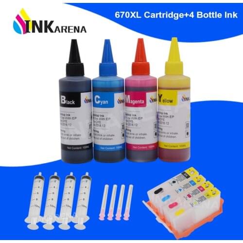 INKARENA 670XL Replacement For HP670 Dye Ink cartridge + 4×100ML Printer Ink Deskjet Ink Advantage 3525 5525 6526