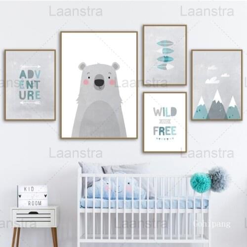 Cartoon Home Decoration Painting White Bear Kid Room Wall Canvas Poster Adventure Wild and Free Living Room Mountain Peak Print