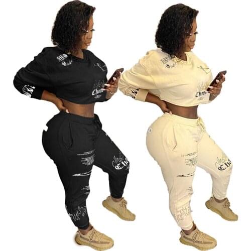 Streetwear Letter Print Two Piece Set Women Jogging Femme Casual Sportswear Fitness Crop Top +Sweatpants Tracksuit Women Outfits