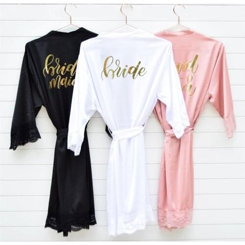 Personalized Satin Lace Bridesmaid Robes Set of Robes for Bridesmaid Tribe Bride Squad Custom Printed Wedding Day Bride Bathrobe