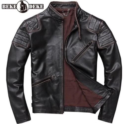 Vintage Top-Layer Cowhide Short Coat Men Stand Collar Zipper Slim Fit Genuine Leather Motorcycle Jackets Spring Autumn Luxury