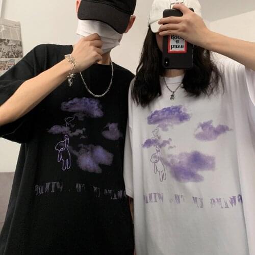 Summer round neck cartoon bear cloud printing cute short-sleeved T-shirt top loose and thin T-shirt Harajuku style