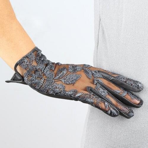 Fashion Brand Lace Genuine Leather Gloves Women sheepskin Gloves Mittens Ladys Outdoor Sunscreen Driving Gloves Free shipping