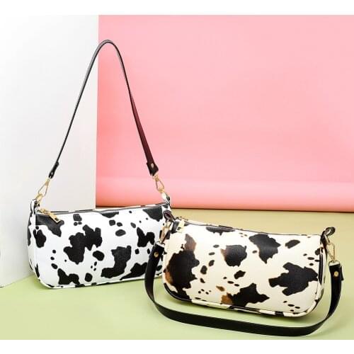Fashion Cow Milk Pattern Women Small Shoulder Handbags Casual Zipper PU Leather Female Underarm Shoulder Tote Bags