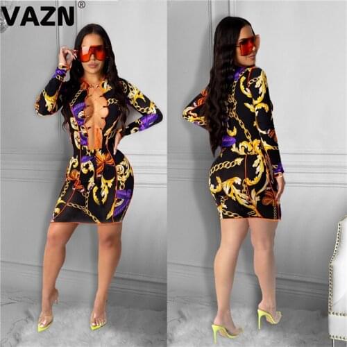 VAZN New 2020 V-neck Elegant Club Birthday Shinny Bandage Dress Full Sleeve Sheath Dresses Elegant Mini Dress
