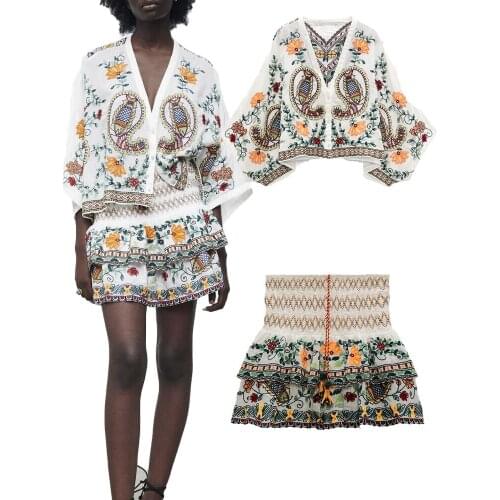 ZA summer new womens clothing all-match low-cut V-neck contrast embroidered shirt and high-waist embroidered skirt bust