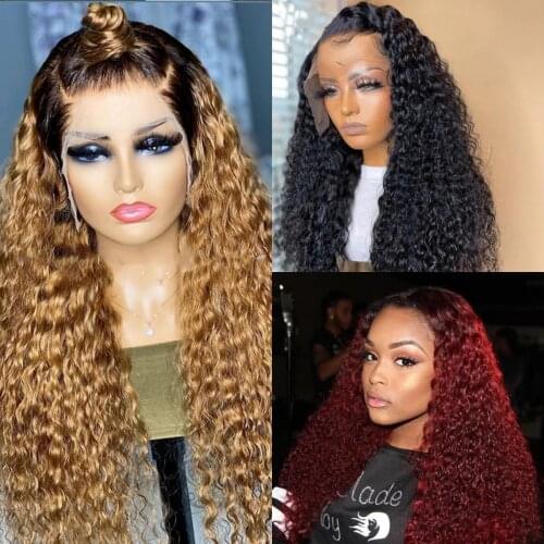 Free Part Synthetic Hair Kinky Curly Wigs For Black Women Ombre Blonde/Red 13X4 Lace Front Wig Long Afro Kinky Curly Wig