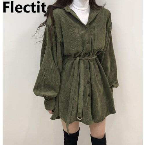 Flectit Oversize Shirt Mini Dress Lantern Sleeve Button-Up Pocket with Belt Cord Shirtdress Women Outfits