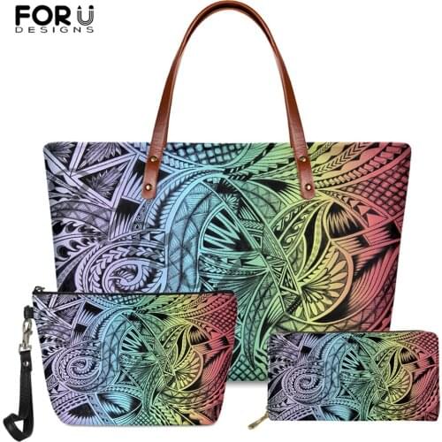 FORUDESIGNS Fashion Women 3pcs/Set Handbags Luxury Polynesian Traditional Tribal Style Tote Bags for Female Long Leather Wallets