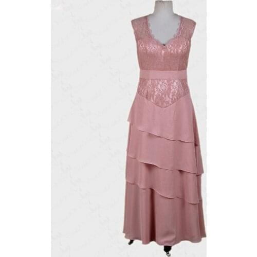 RSE227 V Neckline Sleeveless Tiered Layers Chiffon Skirt Peach Mothers Dresses For Beach Weddings