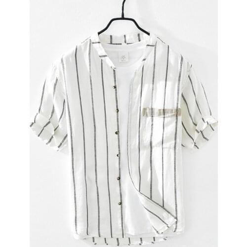 White Striped Short Sleeve Shirt for Men Summer New Japanese Fashion Pure Linen Tops Male Thin Stand Collar Slim Fit Clothing