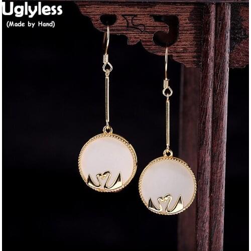 Uglyless LOVE Swan Earrings Women Natural Jade Button Dangle Earrings Gold Real 925 Sterling Silver Animals Swans Brincos E1917