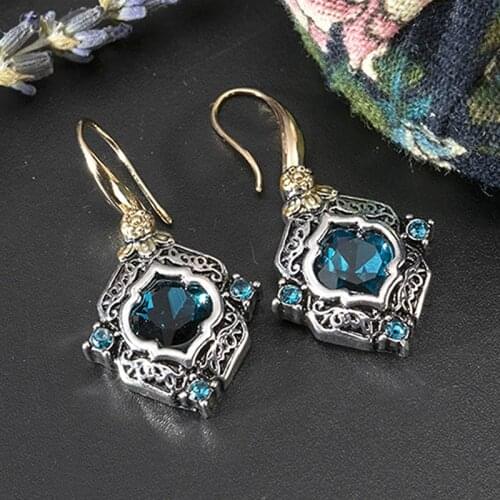 Vintage Hollow Carved Earrings for Women Ethnic Blue Zircon Stone Hook Long Drop Dangle Earrings Wedding Crystal Jewelry