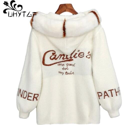 UHYTGF Women Jacket Imitation Mink Velvet Knitted Loose Autumn Sweater Coat Fashion Fur Collar Hooded Short Cardigan Female 1900