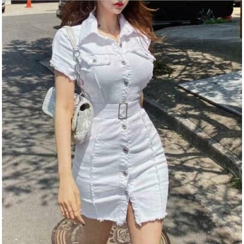 Womens 2020 Sexy Denim Frayed Slim Fit Belt Shirt Collar Bodycon Short Dress HAT