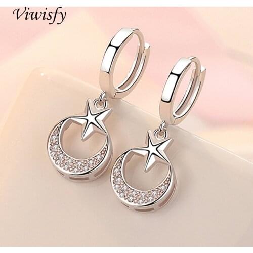 Viwisfy Real 925 Sterling Silver Crystal Jewelry Cute Star Moon Drop Earrings For Women VW21214