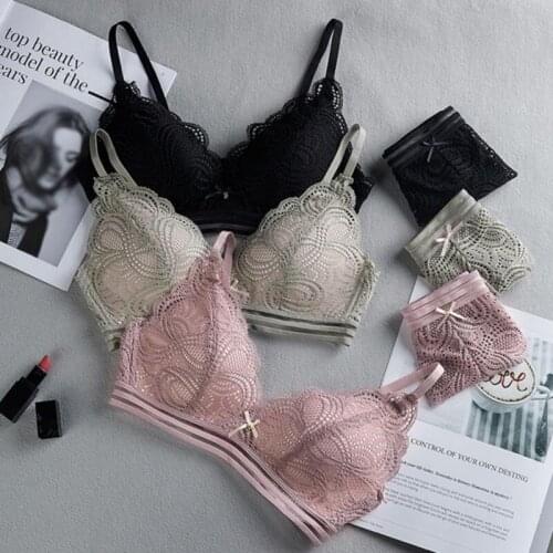 OIONINOS Women Hollow Out Sexy Lingerie Bra Briefs Set Wire Free Lace Bra Set Thin Bralette Panties Set Soft Underwear