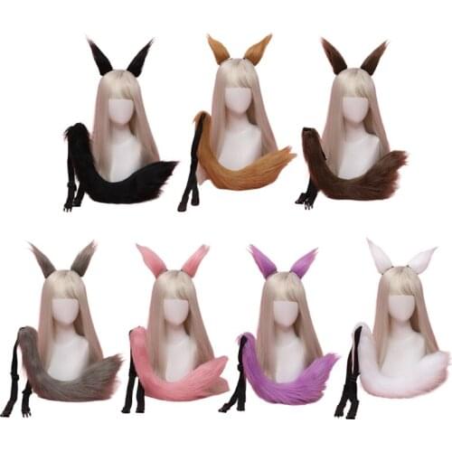 Women Long Fur Animal Ears Hair Clip Tail Set Plush Lolita Headwear Anime for Halloween Christmas Cosplay Accessories