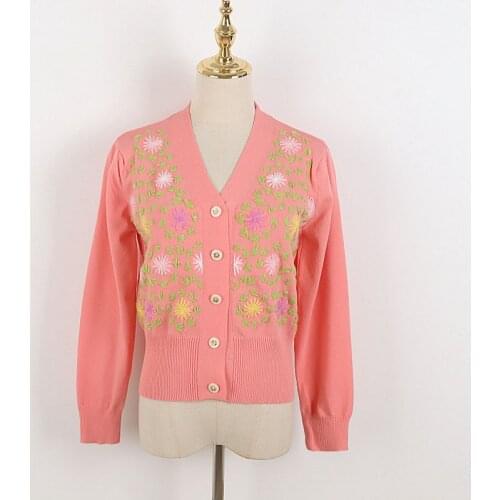 Womens Cardigan Sweater Sexy V-Neck Floral Embroidery Retro Casual Single-Breasted Sweater Jacket 2021 Early Autumn Streetwear