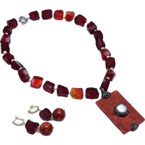 GG Jewelry Natural White Pearl Red Glass Quartzs Spongy Coral White Coin Pearl Pendant Necklace Earrings Sets Handmade For Women