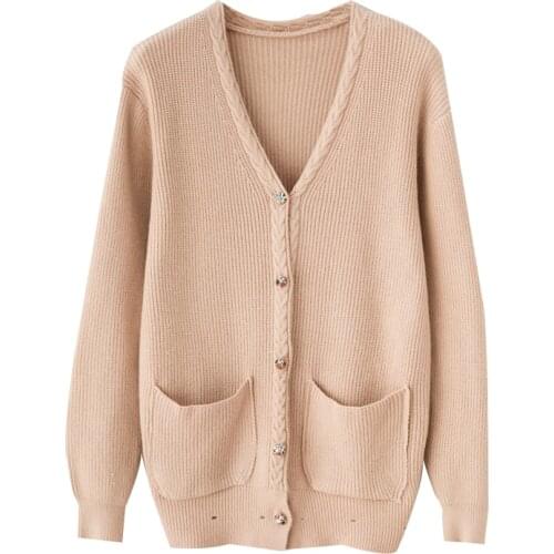 Womens V-neck Solid Color Loose Knit Single-breasted Casual Cardigan Jacket Autumn And Winter Jacket Jacket 2021 New