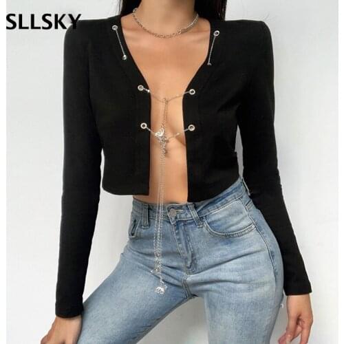 SLLSKY Fashion Sexy Women Crop T shirt Solid Long Sleeve Cardigans Black Gothic Streetwear Chain Biker O-Neck Female Tops