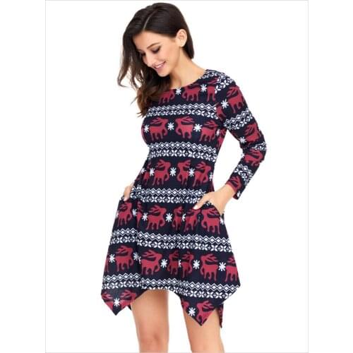 European and American Christmas reindeer printed round neck long sleeve irregular womens mini Instagram Fashion dress