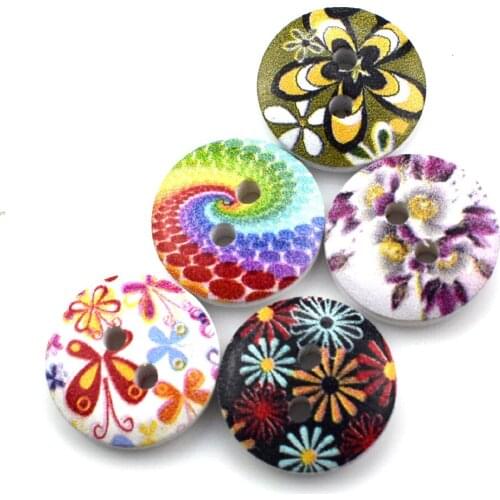 100PCS 15MM Flower Pattern Round Shaped Wooden Button Mixed Wood Buttons 2 Holes Sewing Accessories for Clothes DIY Craft