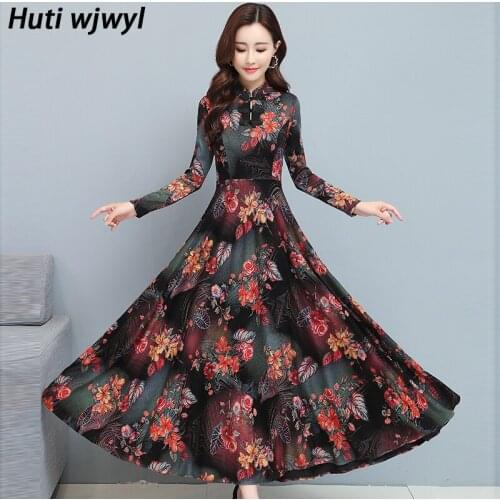 2021 Vintage Thicken Knitting Cotton Dress Autumn Winter Plus Size Print Floral Chinese Style Women Bodycon Party Maxi Vestidos