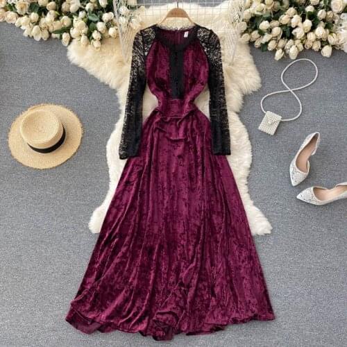 Amolapha 2021 Autumn Winter New Arrival High Quality Elegant M-2XL Long Sleeve Women Lace Patchwork Velvet Long Dress