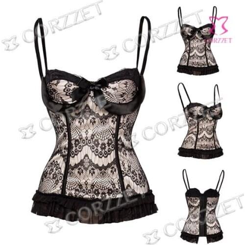 Beige Sain&Black Floral Lace Plus Size Waist Slimming Burlesque Sexy Corsets And Bustiers Top Underwear Women Gothic Clothing