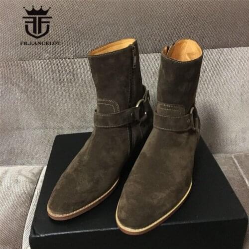 High End Customized Handmade Suede Leather Metal Ring Personalized Motorcycles Harness Boots Ankle Strap Chelsea mens Boot