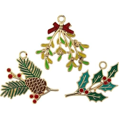 5pcs/lot Enamel Christmas Tree Red fruits Pine Cones Charms for Necklaces Bracelets Earrings DIY Jewelry Making Xmas Decoration