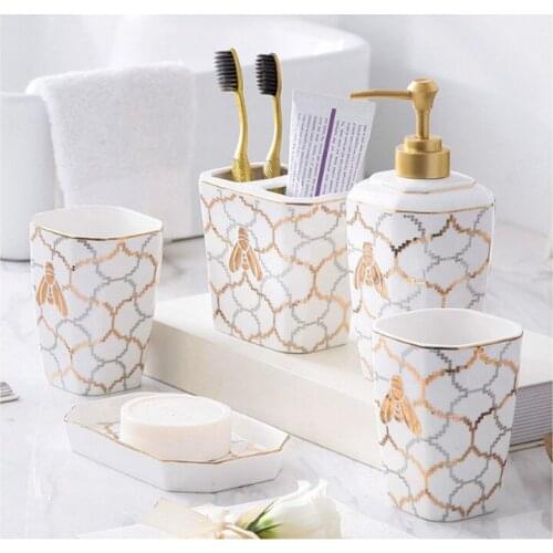 Nordic Bathroom Ceramic Five-piece Set Toilet Unique Gold Mosaic Texture Gargle Cup Lotion Bottle Toothbrush Holder Soap Dish