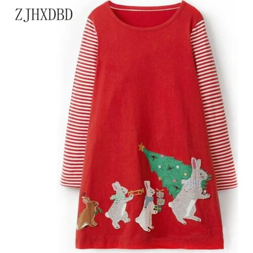 Cartoon Merry Christmas Tree Pattern Red Girls Cute Print A-line Dresses 2020 Knee Autumn Long-sleeved Dress for Girls Children