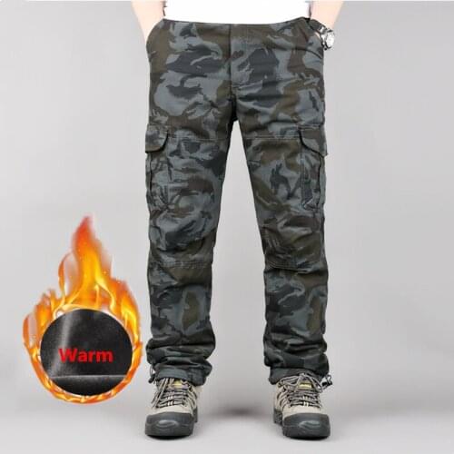Mens Winter Warm Thick Cargo Pants Double Layer Fleece Military Army Camouflage Tactical Cotton Long Trousers Men Baggy Pants