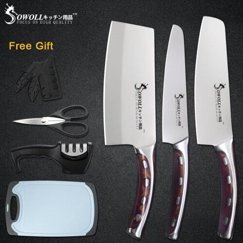 Sowoll 6pcs Stainless Steel Knife Set 7'' Chopping 6'' Chef 5'' Utility Knives Scissor Knife Sharpener Vegetable Cutting Board