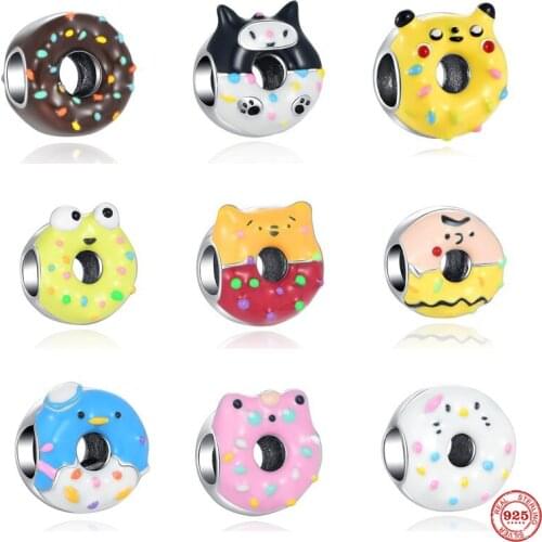 New 925 Silver Fine Cartoon Pendant Animal Charm Chocolate Donut Bead Suitable For Original Pandora Bracelet DIY Girly Jewelry