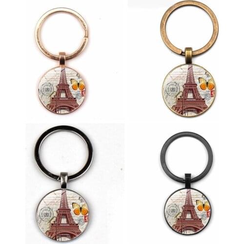 New Cute Keychain Paris Tower Glass Round Pendant Travel Souvenir Handmade DIY Pattern Charm Bag Key Ring Jewelry for Men Women