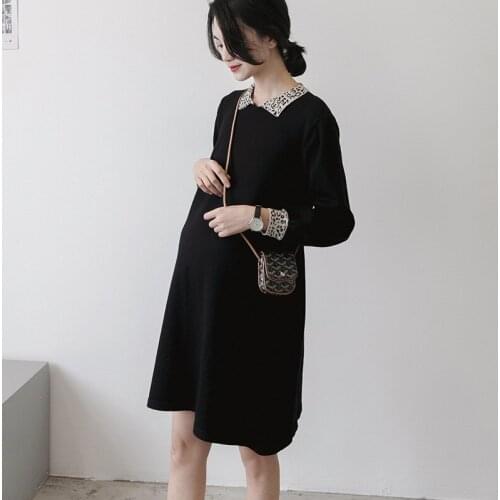 Maternity Dress Warm Autumn Winter Knitted Sweater Leopard Collar Dress for Pregnant Women Fall Elegant Pregnancy Sweaters Dress
