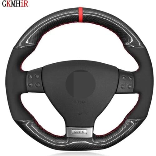 DIY Hand-Stitched Black Suede Carbon Fiber Car Steering Wheel Cover For Volkswagen Golf 5 Mk5 GTI VW Golf 5 R32 Passat R GT 2005